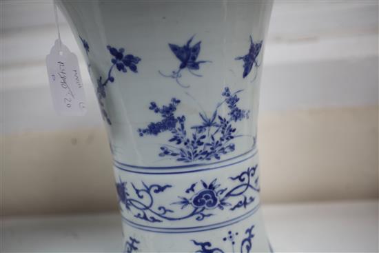 A Chinese blue and white gu-shaped vase or brush pot, Transitional period, mid 17th century, height 24.5cm, diameter 18.5cm, firing cra